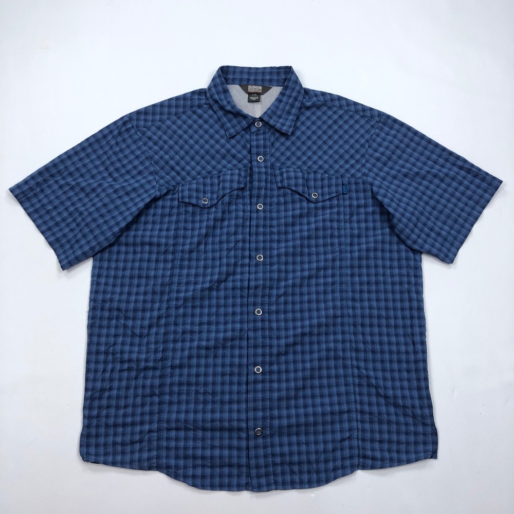 Outdoor Research Mens Blue Plaid Snap Front Short Sleeve Hiking Shirt Large